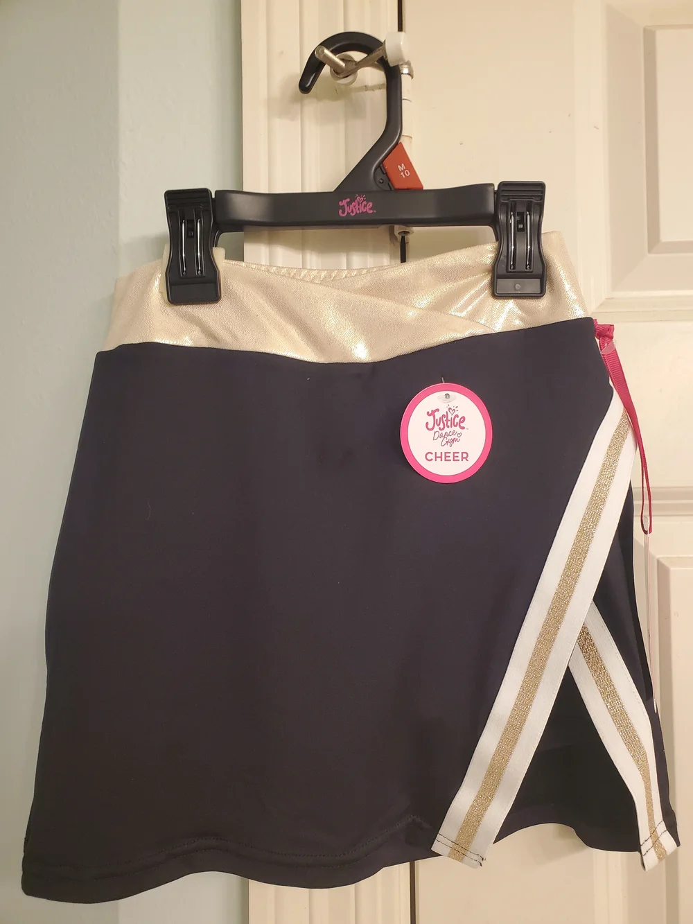 Justice Navy Cheer Skirt with Metallic Gold Waistband and White Stripe